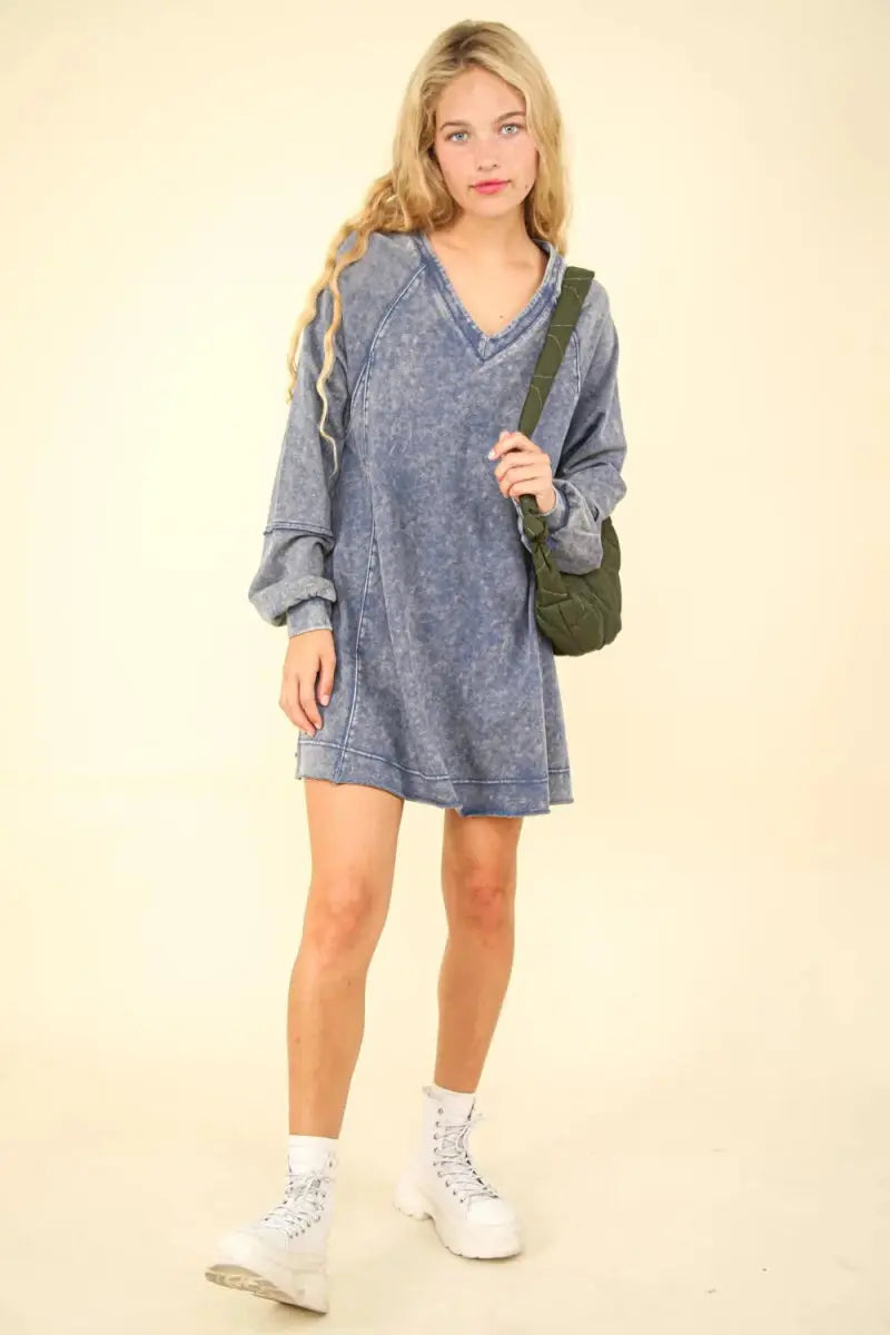Very J Mineral Washed Oversized A-Line Mini Dress For Women - Love Salve